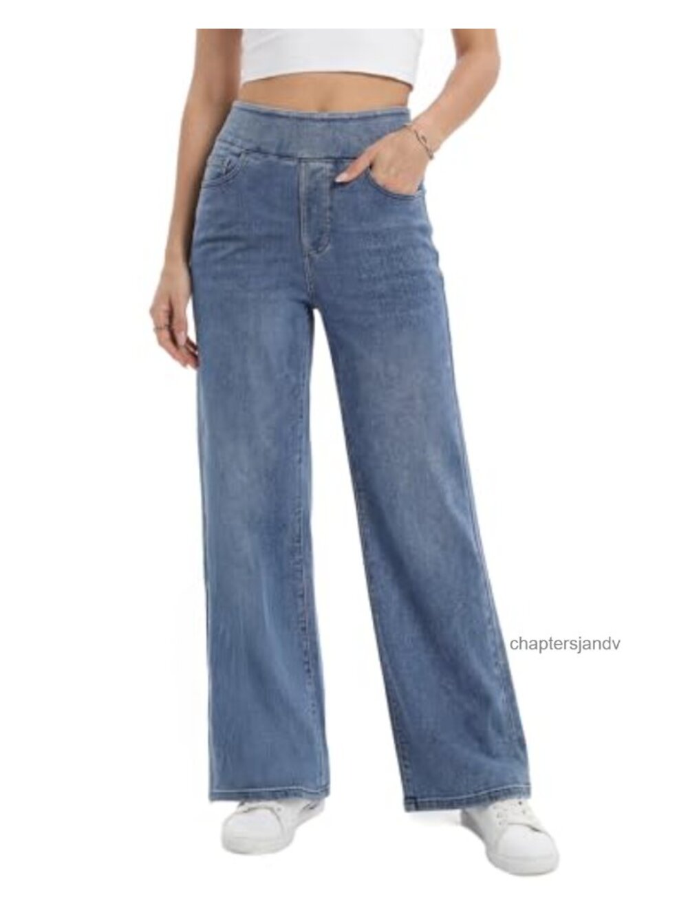 Wide Leg Pull On Jeans High Rise Stretch Denim Tummy Control Pants